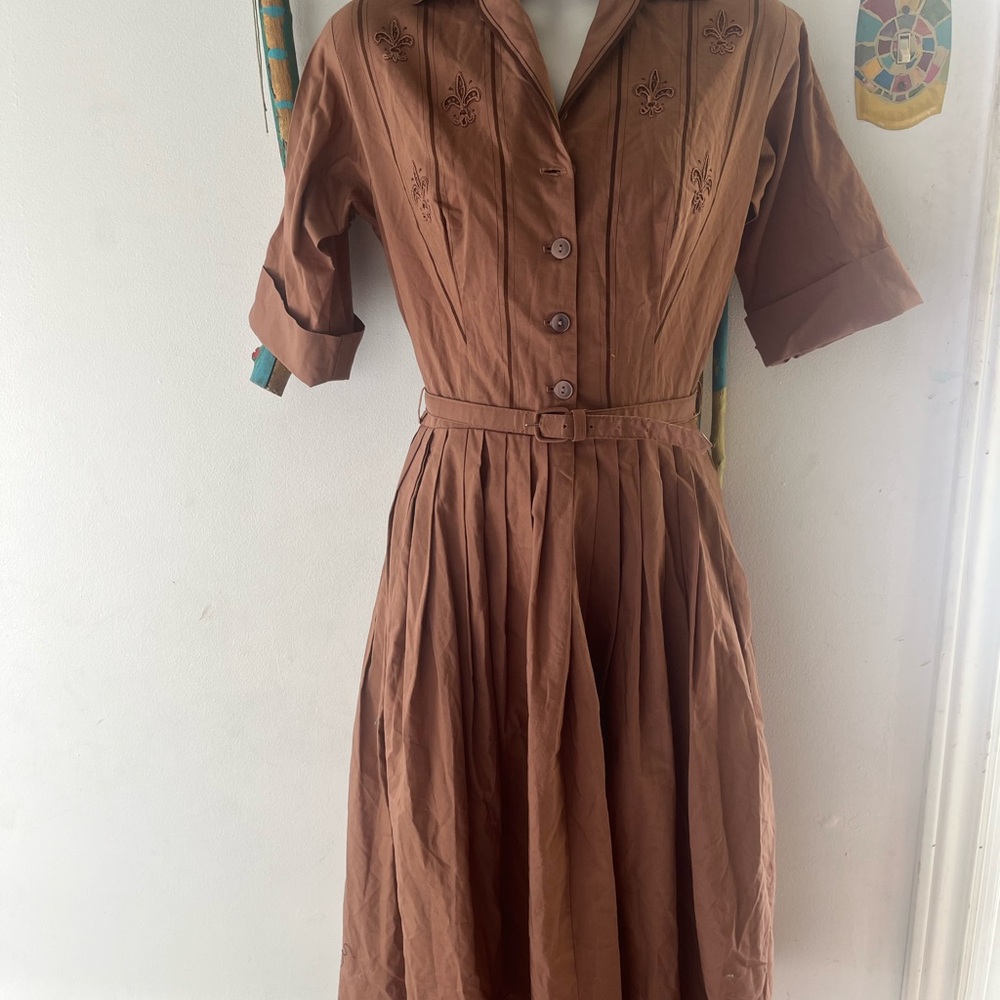 Chic Brown Midi Dress with Embroidered Details